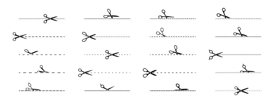 Vector illustrations of scissors cutting dashed lines in various styles Stock Illustration