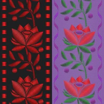Vector illustrations Seamless pattern ribbon with Red flower roses embroidery on イラスト素材
