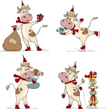 Vector illustrations set of cartoon bulls in Santa Claus costume Stock Illustration
