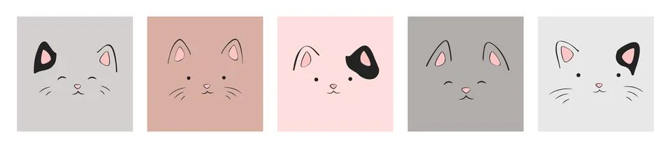 Vector illustrations set with cartoon hand drawn cat faces isolated on whit.. Stock Illustration