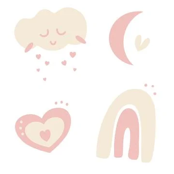 Vector illustrations set of cloud, moon, rainbow and heart. This kit comes in Stock Illustration