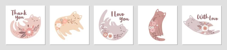 Vector illustrations set with cute cartoon hand drawn cats, flowers and let.. Stock Illustration