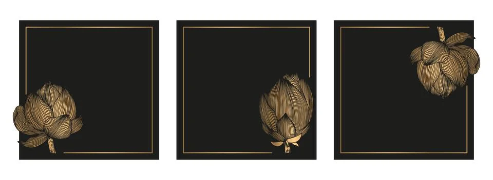 Vector illustrations set with gold and black lotus flowers cards isolated o.. Stock Illustration