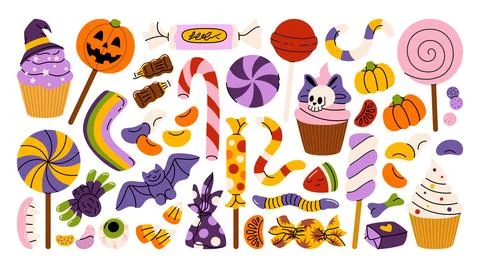 Vector illustrations set of Halloween sweets and candies. Stock Illustration