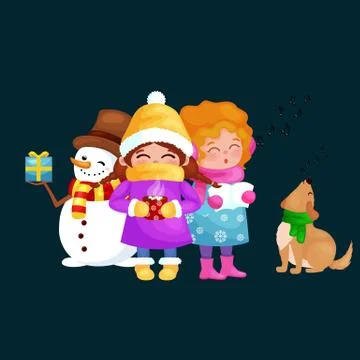Vector illustrations set Merry Christmas Happy new year, girl sing holiday .. Stock Illustration