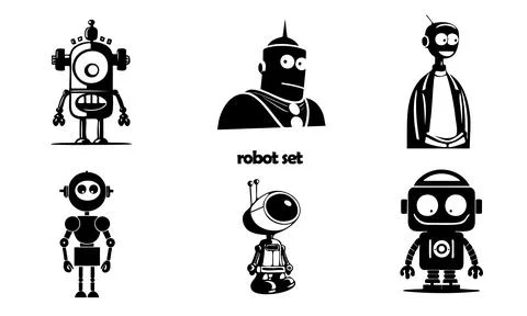 Vector illustrations set of robots, black color isolated on white background Stock Illustration