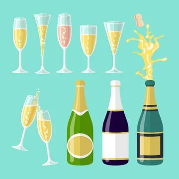 Vector illustrations of several champagne flat celebration. Open bottle. A se Stock Illustration