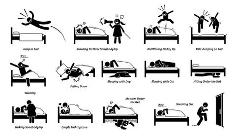 Vector illustrations of things that people do on bed. Cliparts depict man jum Illustrazione stock