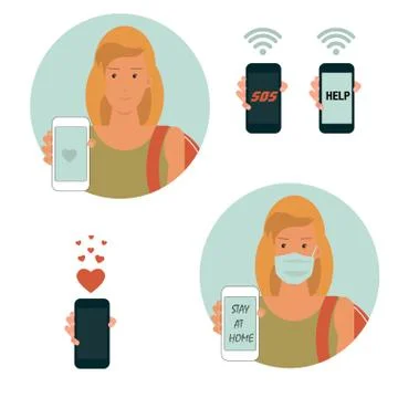 Vector illustrations on the topic of coronavirus. Young woman sending massage Stock Illustration