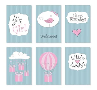 Vector Illustration.Set of 6 printable cards. Perfect to newborn Birthday car Stock Illustration