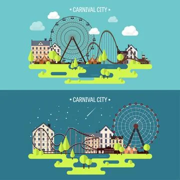 Vector illustration.Spring summer. Ferris wheel. Carnival funfair background Stock Illustration