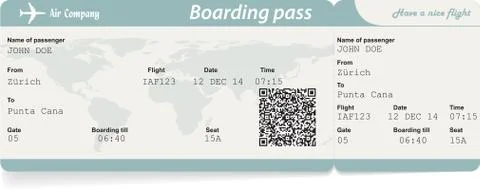 Vector image of airline boarding pass ticket with QR2 code Illustrazione stock