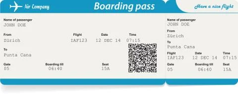 Vector image of airline boarding pass ticket with QR2 code Illustrazione stock