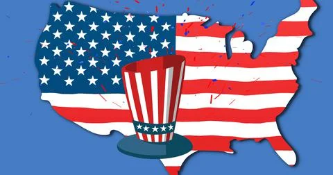 Vector image of american flag pattern on hat and usa map against blue background Illustrazione stock