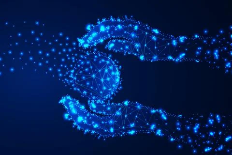 Vector image of artificial intelligence in the form of a glowing ball and hands Stock Illustration
