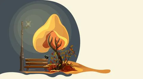 Vector image of an autumn evening background. a bench near a tree under a glo Stock Illustration