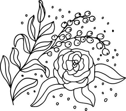 Vector image on awhite background in a linear style, leaves and flower for Illustrazione stock