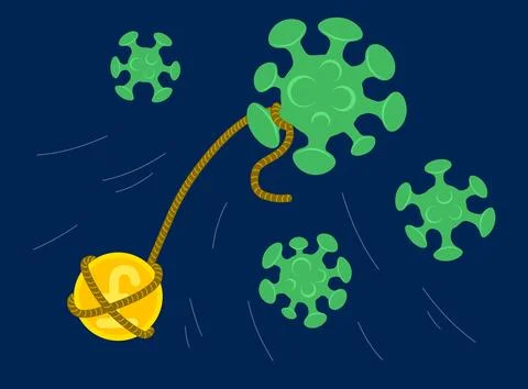 Vector image of bacteria of the virus COVID-19 and pound sterling coin. Coron Stock Illustration