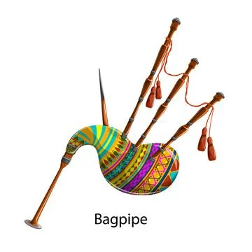 Vector image of a bagpipe in bright colors and tassels on a white background. Stockillustratie