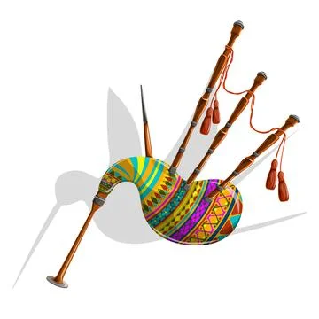 Vector image of a bagpipe in bright colors and tassels on a white background. Stockillustratie