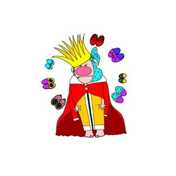 Vector image the barefoot funny king which has a toothache, surrounded by ... Foto stock
