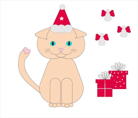 Vector image of an beige cat in a Christmas hat with New Year gifts and Stock Illustration
