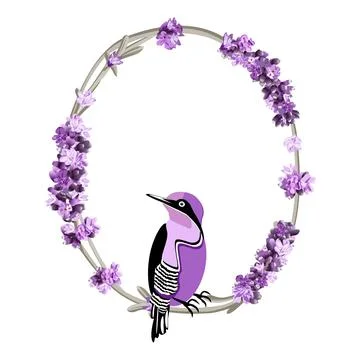 Vector image of a bird in a frame of lavender flowers in lilac and purple tones Stock Illustration