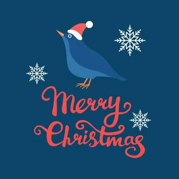Vector image of a bird in a Santa hat with white snowflakes Stock Illustration