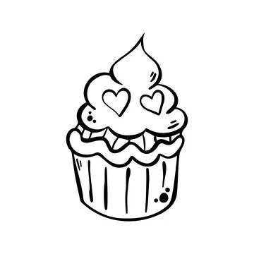 Vector image of a black outline of a delicious cupcake with cream and hearts. Stock Illustration