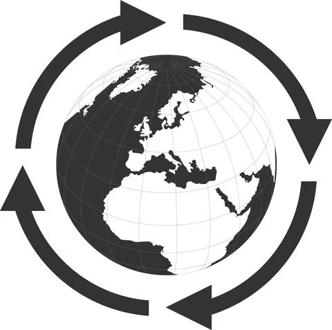 Vector image of a black round ball with 4 sync arrows around the icon. Stock Illustration