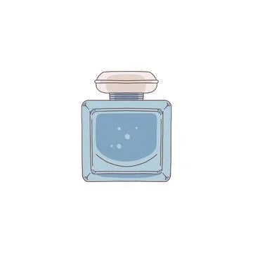 Vector image of a blue glass perfume bottle with bubbles on a white backgroun Illustration