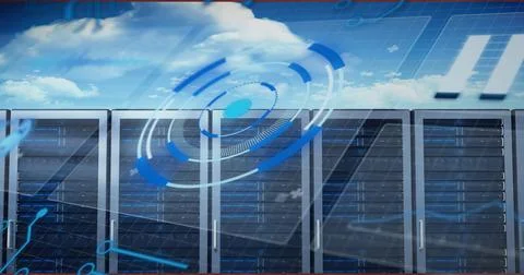 Vector image of blue virtual circles with display board and clouds, copy spac Illustrazione stock