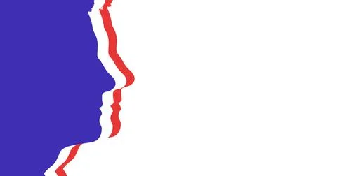 Vector image of blue, white and red male face side view cut outs in a row on Stock Illustration