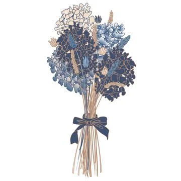 Vector image of a bouquet of dried flowers in boho style in blue and beige to Stock Illustration