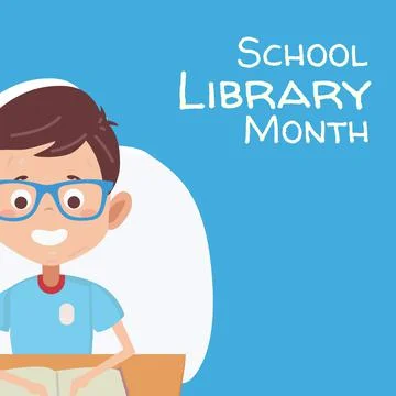 Vector image of boy reading book with school library month text on blue Stock Photos