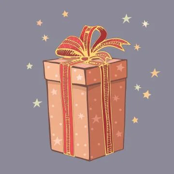 Vector image of a bright red festive box with a ribbon bow and stars around on a Stock Illustration