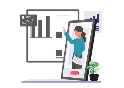Vector image of business analyst giving presentation online. Stock Illustration