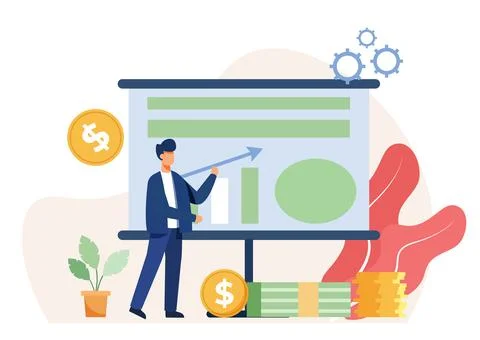 Vector image of businessman giving data information on business growth. Illustrazione stock