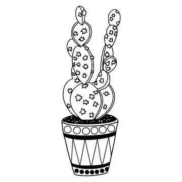 Vector image of a cactus in a pot with decor in black on a white Stock Illustration