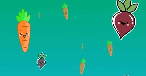 Vector image of carrots and beetroots with smiley faces against green Stockillustratie