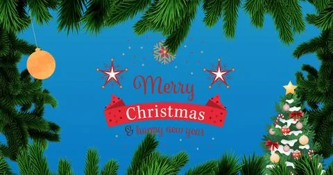 Vector image of christmas and new year greeting with decoration and pine needles Stock Illustration