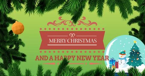 Vector image of christmas and new year greeting by snow globe and pine needles Stock Illustration