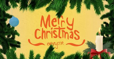 Vector image of christmas greeting with pine needles against yellow background Stock Illustration
