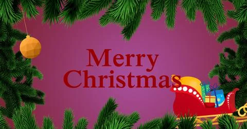 Vector image of christmas greeting with pine needles and santa sleigh against Stock Illustration