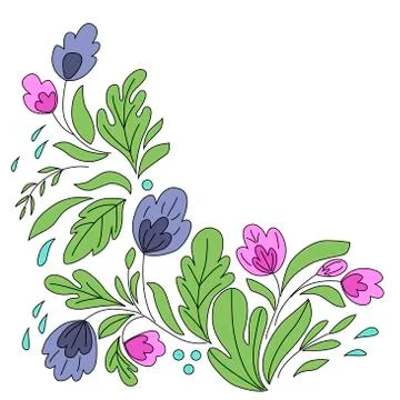 Vector image of a corner frame of blue, pink flowers and leaves. For the design Stock Illustration