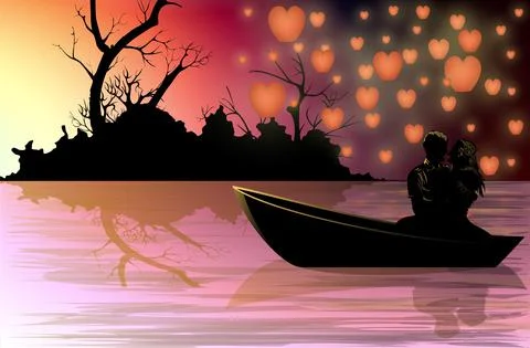Vector image of a couple in love floating on a boat Ilustração Stock