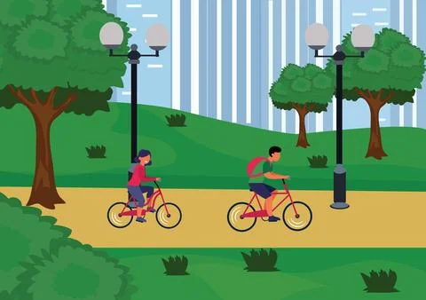 Vector image of couple riding cycle doing outdoor exercise in park Ilustração Stock