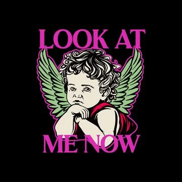 Vector image of a cupid with wings and the words look at me Stock Illustration