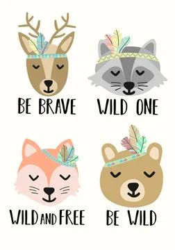 Vector image of cute cartoon animals in the style of Boho. Illustration of a  Stock Illustration