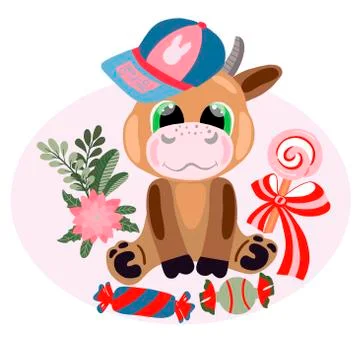 Vector image of a cute cartoon bull with flowers, candy on a pink background Illustrazione stock